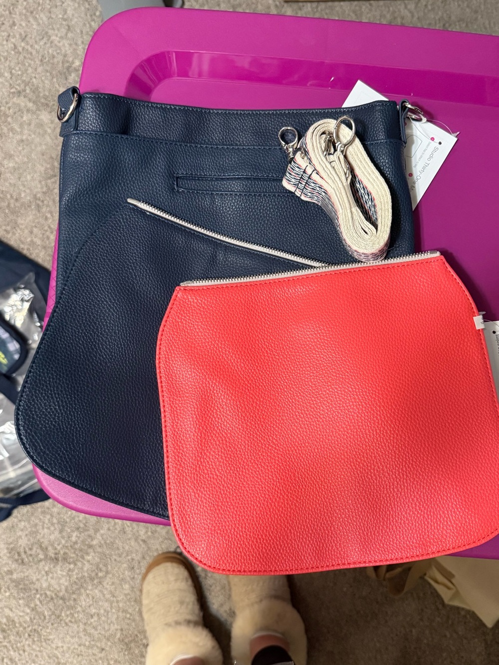thirty-one Navy Crossbody with Coral or Navy Pouch and Striped Strap